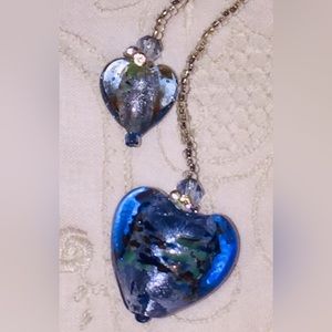 Blue Murano Art Glass Heart Bead Long Necklace MOD Retro Vintage New